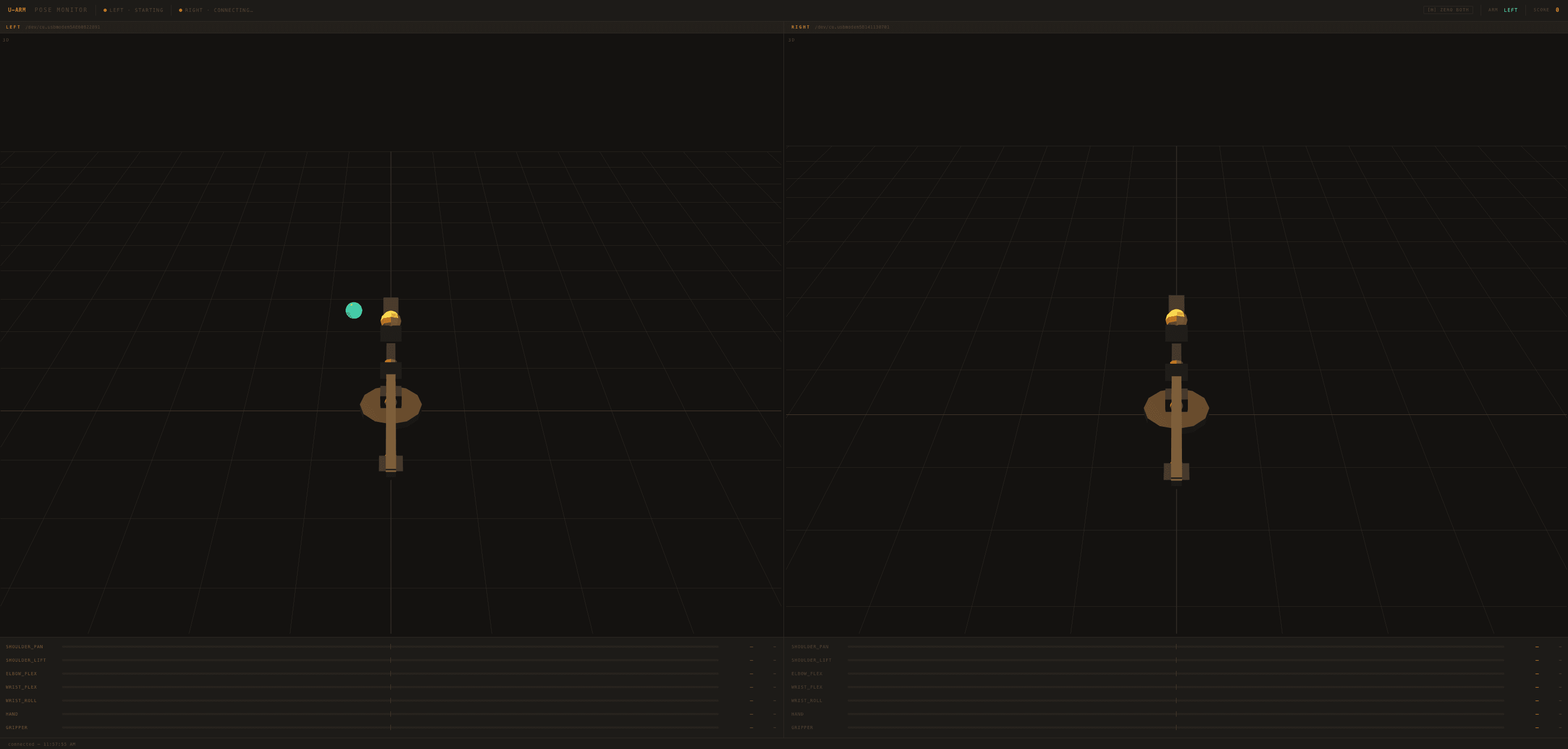 Live pose-monitor GUI rendering both leader arms' joint state in a real-time 3D view over WebSocket